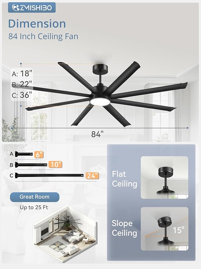 84 Inch Ceiling Fans with Lights, Indoor/Outdoor Industrial Ceiling Fan with 8 Aluminum Reversible Blade, Quiet DC Motor