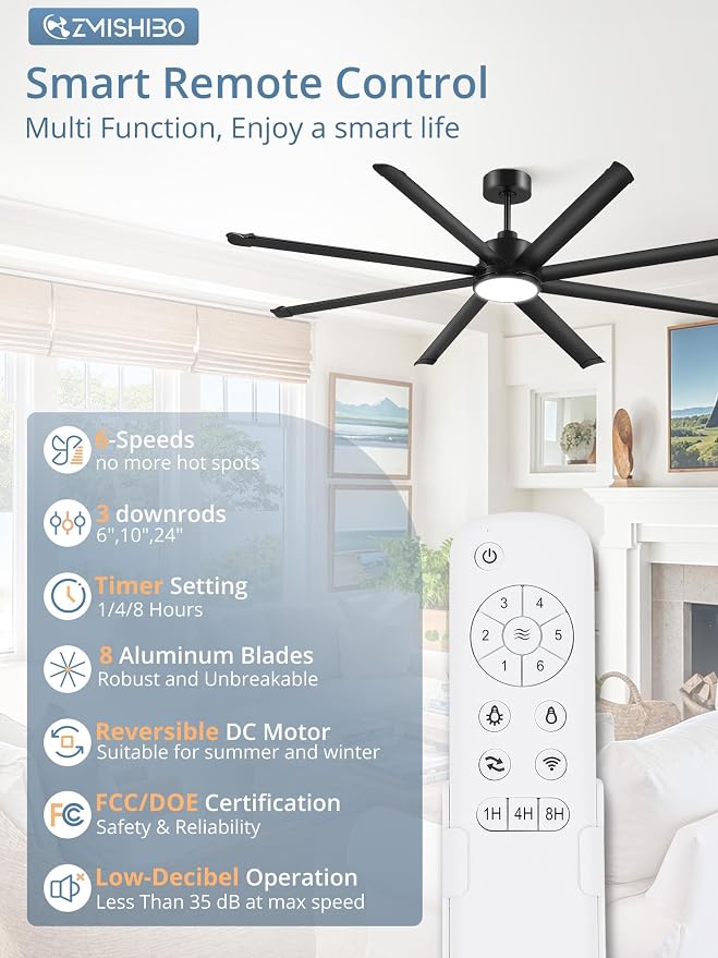 84 Inch Ceiling Fans with Lights, Indoor/Outdoor Industrial Ceiling Fan with 8 Aluminum Reversible Blade, Quiet DC Motor