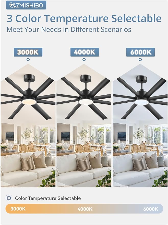 84 Inch Ceiling Fans with Lights, Indoor/Outdoor Industrial Ceiling Fan with 8 Aluminum Reversible Blade, Quiet DC Motor