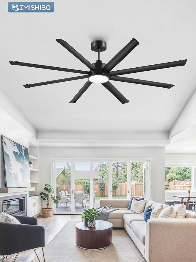 84 Inch Ceiling Fans with Lights, Indoor/Outdoor Industrial Ceiling Fan with 8 Aluminum Reversible Blade, Quiet DC Motor