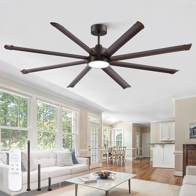 84 Inch Ceiling Fans with Lights, Indoor/Outdoor Industrial Ceiling Fan with 8 Aluminum Reversible Blades, Quiet DC Motor