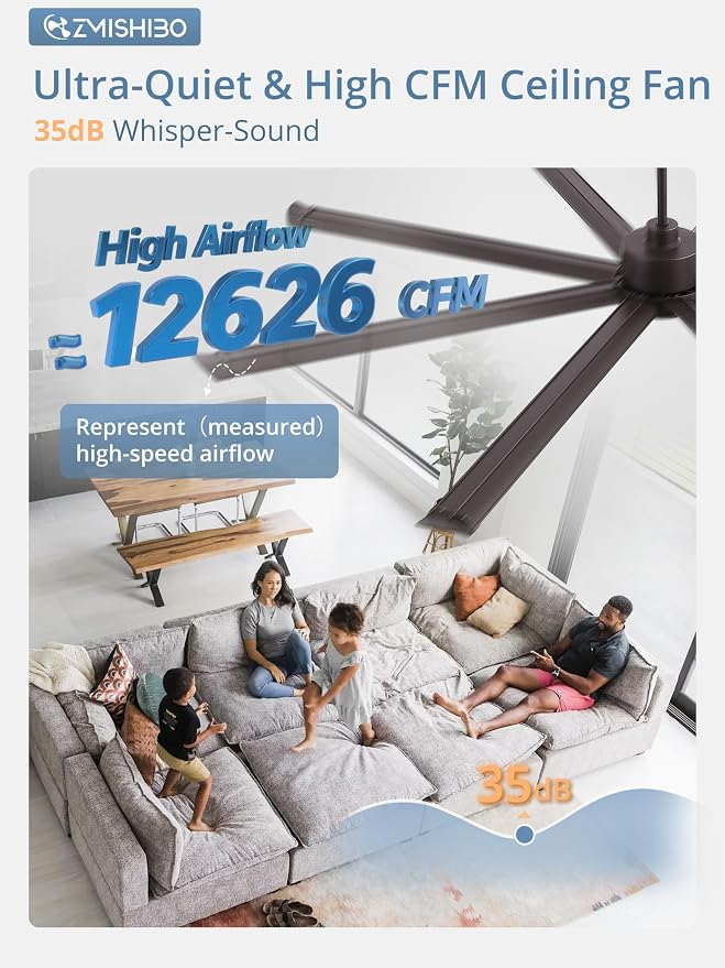 84 Inch Ceiling Fans with Lights, Indoor/Outdoor Industrial Ceiling Fan with 8 Aluminum Reversible Blades, Quiet DC Motor