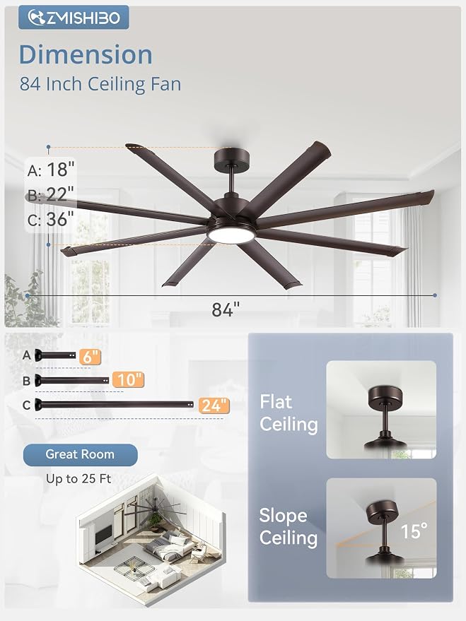 84 Inch Ceiling Fans with Lights, Indoor/Outdoor Industrial Ceiling Fan with 8 Aluminum Reversible Blades, Quiet DC Motor