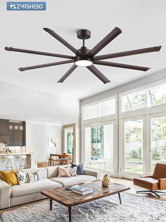 84 Inch Ceiling Fans with Lights, Indoor/Outdoor Industrial Ceiling Fan with 8 Aluminum Reversible Blades, Quiet DC Motor