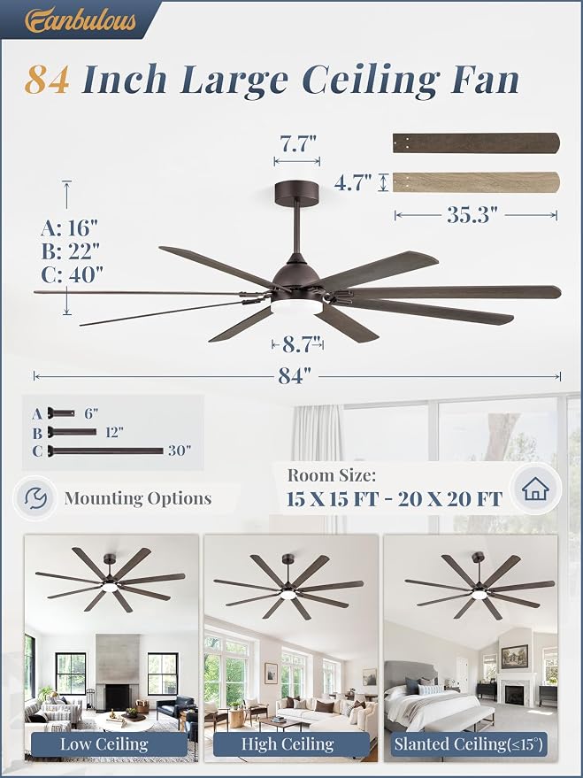 84 Inch Ceiling Fans with Lights, Oil Bronze Modern Ceiling Fan with Remote,Large Farmhouse Indoor & Outdoor Ceiling Fan with