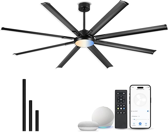 84 Inch Industrial Ceiling Fan with Light, Large Ceiling Fan with 8 Aluminum Blades, Works with Alexa, 6-Speed Reversible DC
