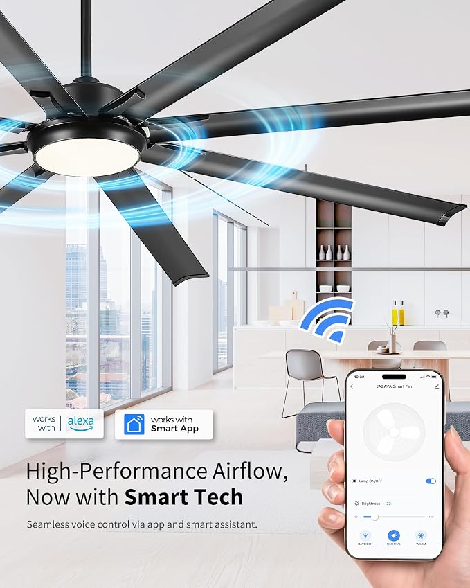 84 Inch Industrial Ceiling Fan with Light, Large Ceiling Fan with 8 Aluminum Blades, Works with Alexa, 6-Speed Reversible DC