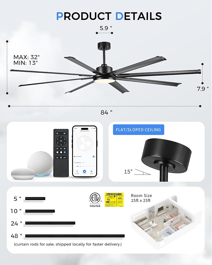 84 Inch Industrial Ceiling Fan with Light, Large Ceiling Fan with 8 Aluminum Blades, Works with Alexa, 6-Speed Reversible DC