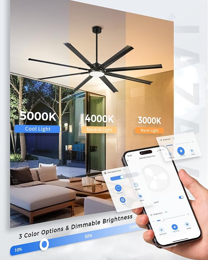 84 Inch Industrial Ceiling Fan with Light, Large Ceiling Fan with 8 Aluminum Blades, Works with Alexa, 6-Speed Reversible DC