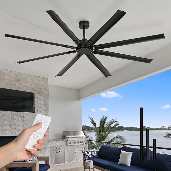 84 Inch Industrial Ceiling Fan Without Light, Matte Black Outdoor Model for Covered Areas, 8 Aluminum Blades, Powerful