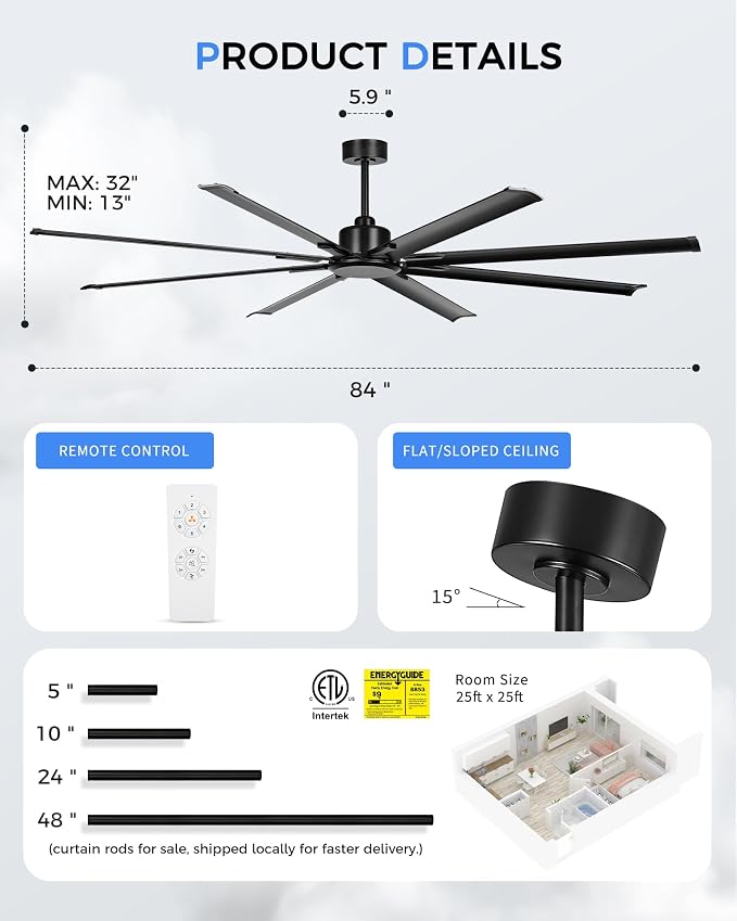 84 Inch Industrial Ceiling Fan Without Light, Matte Black Outdoor Model for Covered Areas, 8 Aluminum Blades, Powerful