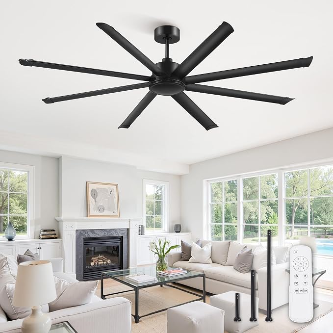 84 Inch Large Ceiling Fan No Light, 8 Aluminum Blades, 6-Speed Remote Control, Industrial Ceiling Fan without Light, Quiet DC