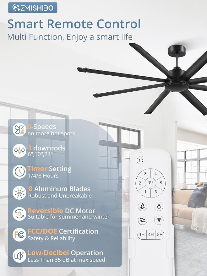 84 Inch Large Ceiling Fan No Light, 8 Aluminum Blades, 6-Speed Remote Control, Industrial Ceiling Fan without Light, Quiet DC