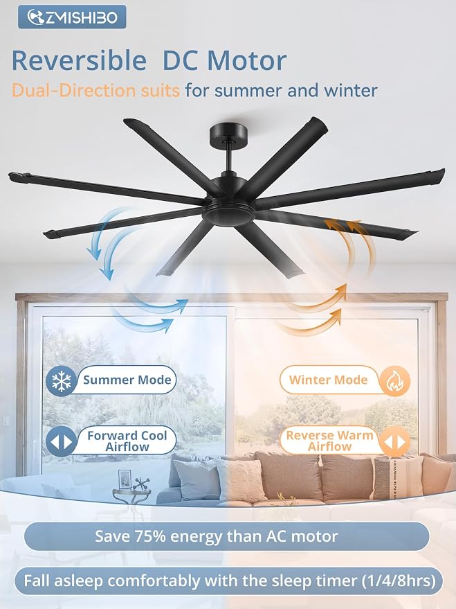 84 Inch Large Ceiling Fan No Light, 8 Aluminum Blades, 6-Speed Remote Control, Industrial Ceiling Fan without Light, Quiet DC