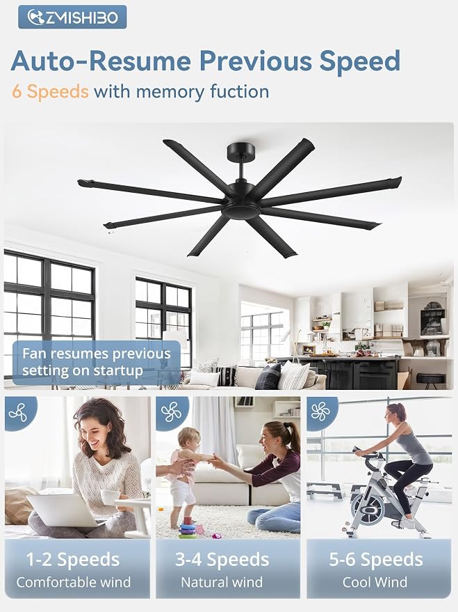 84 Inch Large Ceiling Fan No Light, 8 Aluminum Blades, 6-Speed Remote Control, Industrial Ceiling Fan without Light, Quiet DC