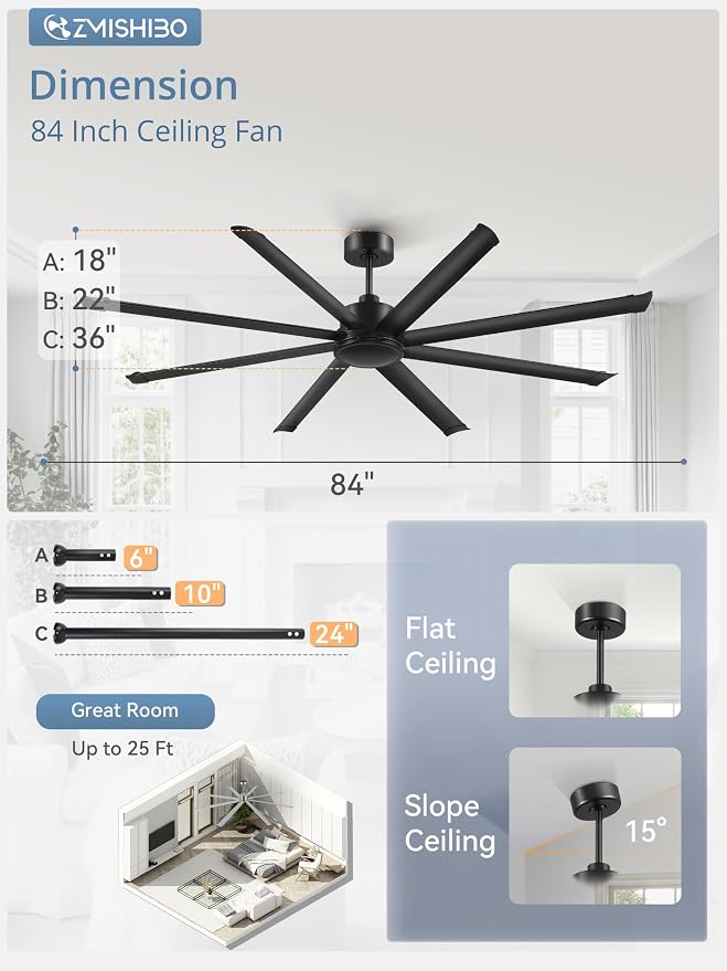 84 Inch Large Ceiling Fan No Light, 8 Aluminum Blades, 6-Speed Remote Control, Industrial Ceiling Fan without Light, Quiet DC