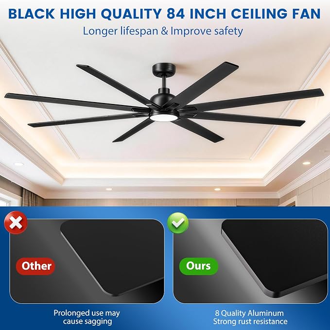 84 inch Large Ceiling Fans with Lights and Remote, Indoor/Outdoor Black Ceiling Fan for Living Room Patio, 6 Speeds Silent