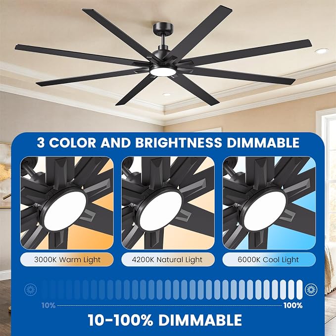 84 inch Large Ceiling Fans with Lights and Remote, Indoor/Outdoor Black Ceiling Fan for Living Room Patio, 6 Speeds Silent