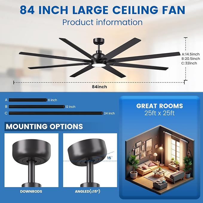 84 inch Large Ceiling Fans with Lights and Remote, Indoor/Outdoor Black Ceiling Fan for Living Room Patio, 6 Speeds Silent