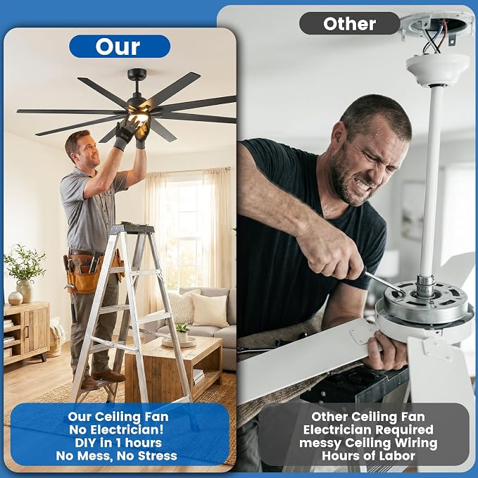 84 inch Large Ceiling Fans with Lights and Remote, Indoor/Outdoor Black Ceiling Fan for Living Room Patio, 6 Speeds Silent