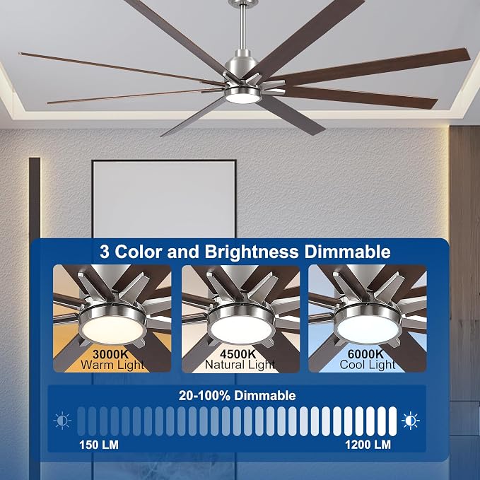 84 Inch Solid Wood Large Ceiling Fans with Lights and Remote, Walnut Blades, 3CCT Dimmable LED, 6-Speed Reversible DC Motor