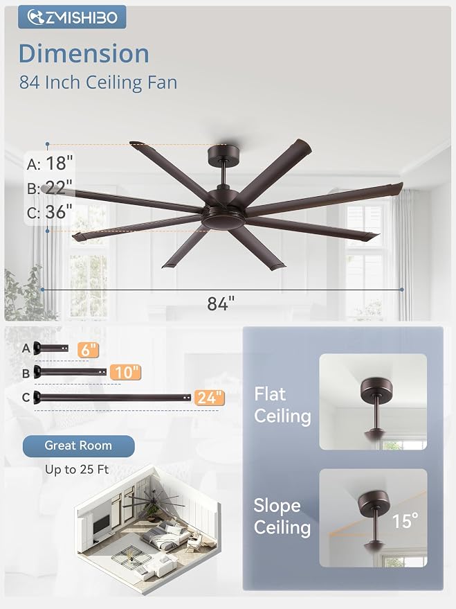 84" Large Industrial Ceiling Fans No light with Aluminum 8 Blades, Commercial Ceiling Fan without Light,Quiet DC Motor, 6