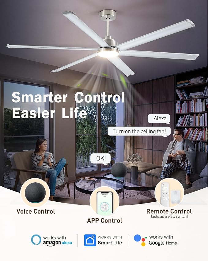 84" Smart Industrial Ceiling Fans with Light and Remote,6 Dual-Layer Aluminum Blades,Large Brushed Nickel Ceiling Fan with 6