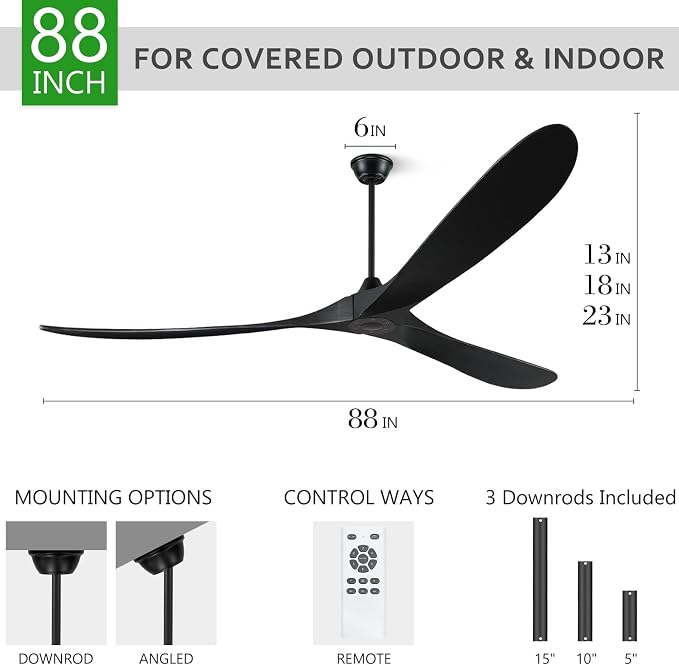 88" Ceiling Fans without Lights, Wood Ceiling Fan no Light with Remote, Large Outdoor Ceiling Fan for Patio, Porch, Bedroom