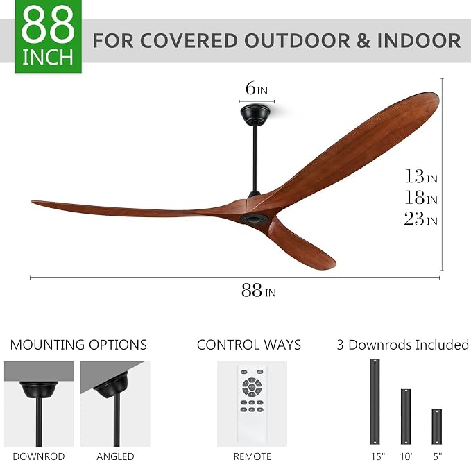 88" Ceiling Fans Without Lights, Wood Ceiling Fan no Light with Remote, Large Outdoor Ceiling Fan for Patio, Porch, Bedroom