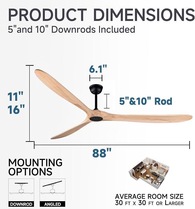 88" Large Ceiling Fan with Remote Control, Wood Ceiling Fan Without Lights for Indoor/Outdoor - Modern Design, Powerful