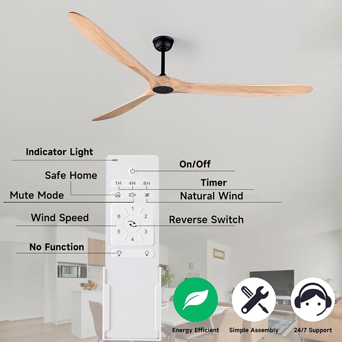 88" Large Ceiling Fan with Remote Control, Wood Ceiling Fan Without Lights for Indoor/Outdoor - Modern Design, Powerful
