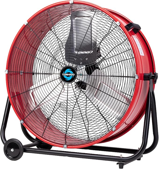 8800 CFM Wide Version Metal Drum Fan 24 Inch High Velocity Fan Heavy Duty Tilt Red Commercial, Industrial Use 3 Speed - 8 FT