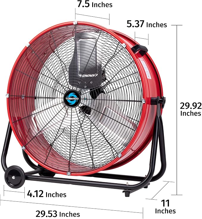 8800 CFM Wide Version Metal Drum Fan 24 Inch High Velocity Fan Heavy Duty Tilt Red Commercial, Industrial Use 3 Speed - 8 FT