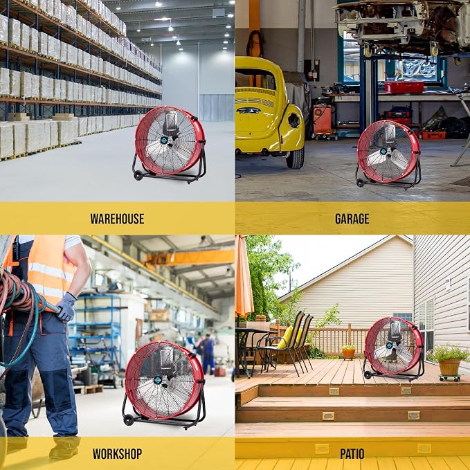 8800 CFM Wide Version Metal Drum Fan 24 Inch High Velocity Fan Heavy Duty Tilt Red Commercial, Industrial Use 3 Speed - 8 FT