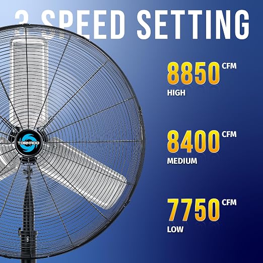 8850 CFM 30 Inch Pedestal Fan Non-Oscillating High Velocity Fan Stationary, 3 Speed 10 FT Cord Metal, Commercial, Industrial