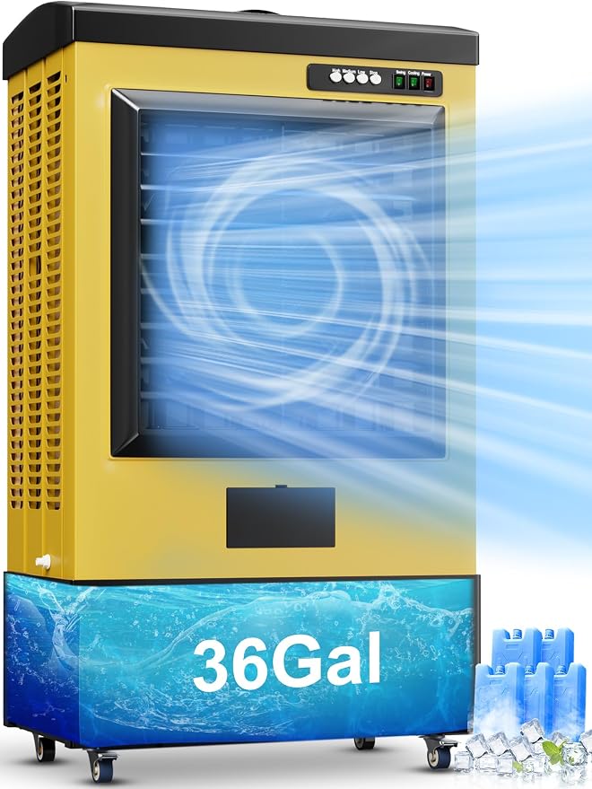 8979 CFM Swamp Cooler, 55IN Evaporative Air Cooler with 36 Gal Water Tank, 3 Speeds, 120°Oscillation, 5 Ice Packs, Outdoor