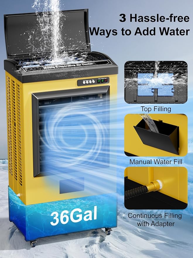 8979 CFM Swamp Cooler, 55IN Evaporative Air Cooler with 36 Gal Water Tank, 3 Speeds, 120°Oscillation, 5 Ice Packs, Outdoor