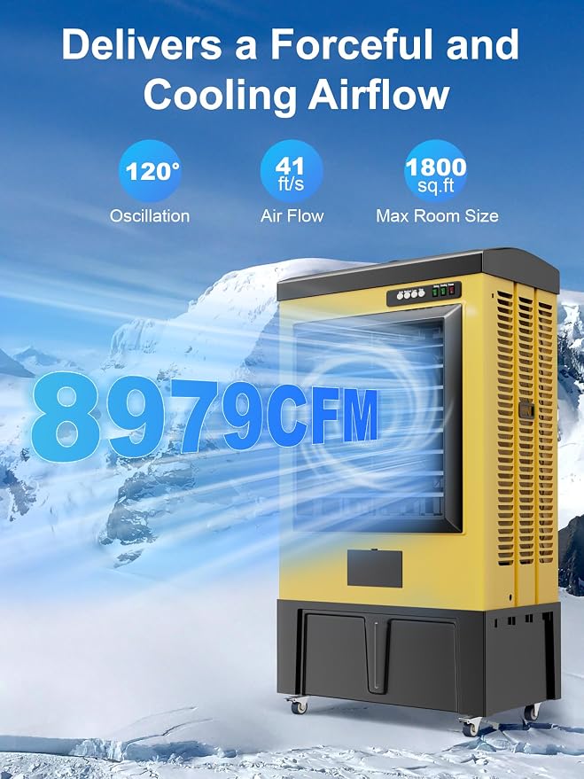 8979 CFM Swamp Cooler, 55IN Evaporative Air Cooler with 36 Gal Water Tank, 3 Speeds, 120°Oscillation, 5 Ice Packs, Outdoor