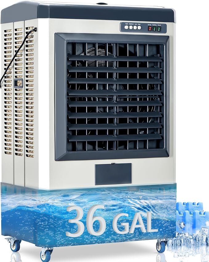 8979 CFM Swamp Cooler, 58" Evaporative Air Cooler with 36 Gal Water Tank, 5 Ice Box, 120° Oscillation, Portable Air