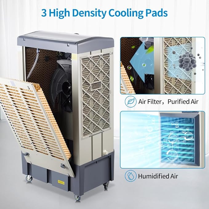 8979 CFM Swamp Cooler, 58" Evaporative Air Cooler with 36 Gal Water Tank, 5 Ice Box, 120° Oscillation, Portable Air