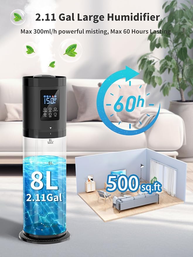 8L Humidifiers for Bedroom, 30dB Quiet, 500ft2 Coverage, 60H Runtime, Top Fill, alternate product view 2