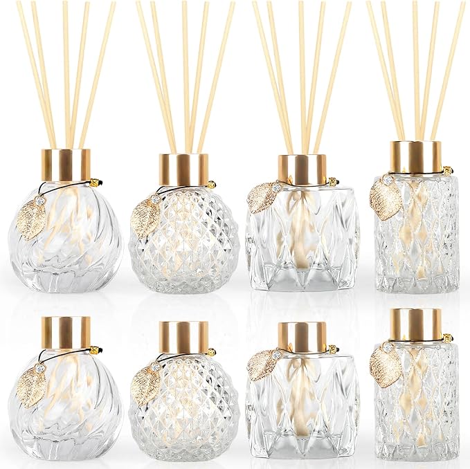 8Pcs Reed Diffuser Set with Metal Golden Decoration, 3.5oz-4.2oz Empty Bottles with 20Pcs Reed Sticks, product image
