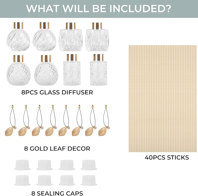 8Pcs Reed Diffuser Set with Metal Golden Decoration, 3.5oz-4.2oz Empty Bottles with 20Pcs Reed Sticks, alternate product view