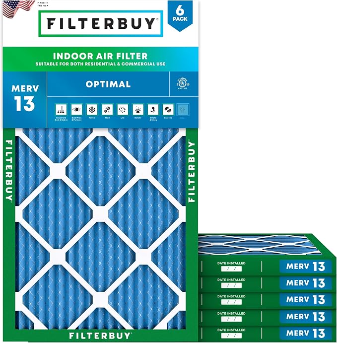 8x20x1 Air Filter MERV 13 Optimal Smoke & Allergy Defense (6-Pack), Electrostatic Pleated HVAC AC Furnace