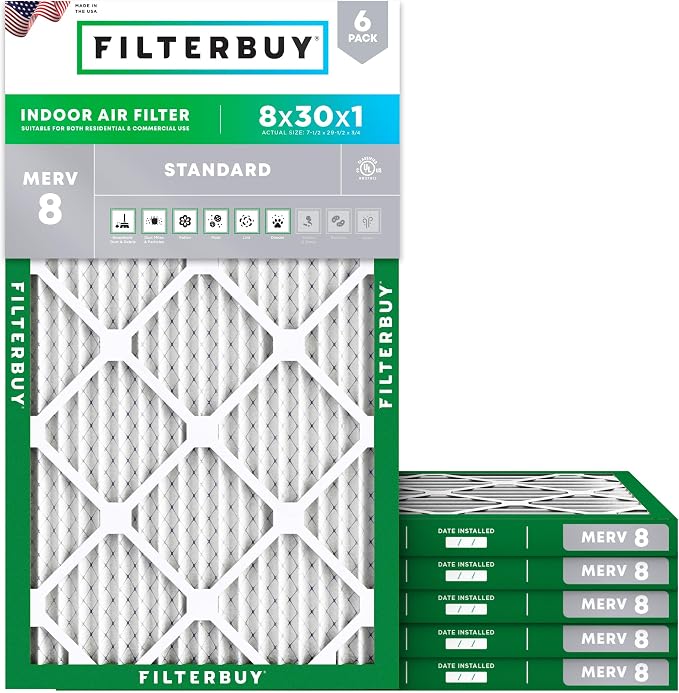 8x30x1 Air Filter MERV 8 Essential Dust & Allergy Defense (6-Pack), Electrostatic Pleated HVAC AC Furnace