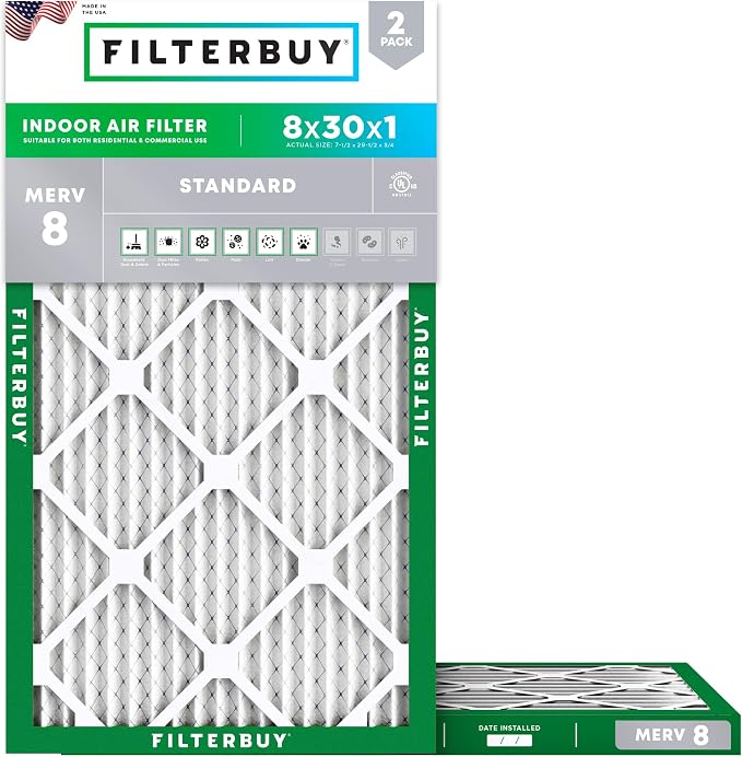 8x30x1 Air Filter MERV 8 Essential Dust & Allergy Defense (2-Pack), Electrostatic Pleated HVAC AC Furnace Filters