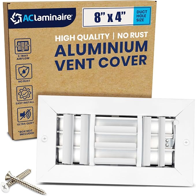 8x4 Inch (Duct Opening) Aluminum 3-Way Air Flow Vent – HVAC Vent Cover for Wall or Ceiling – Quiet HVAC Wall Register with