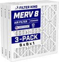 8x8x1 Air Filter (MERV 8) (3-Pack) Dust & Allergy Control AC Furnace Filters, MADE IN USA, HVAC, Pleated