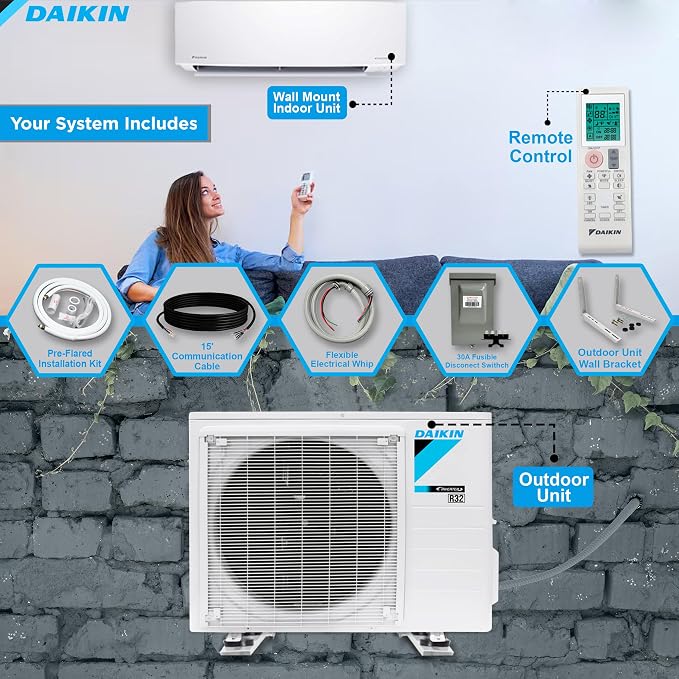 9,000 BTU 18 SEER2 Ductless Mini-Split Wall Mount Heat Pump Air Conditioner - R32 w/ 15' Installation Kit, 1/2 Whip, 30A