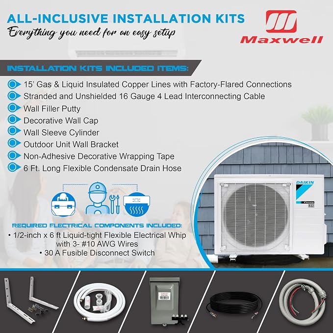 9,000 BTU 18 SEER2 Ductless Mini-Split Wall Mount Heat Pump Air Conditioner - R32 w/ 15' Installation Kit, 1/2 Whip, 30A